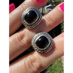 Authentic David Yurman 14k Gold Large Onyx Albion Cable Omega 925 Earrings